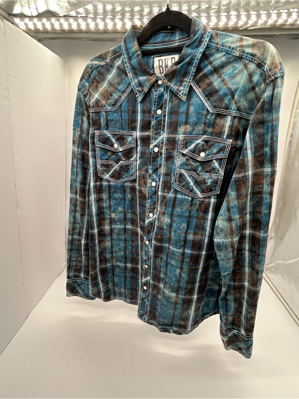 BKE Men’s Teal and Brown Plaid Button-Down Western Shirt